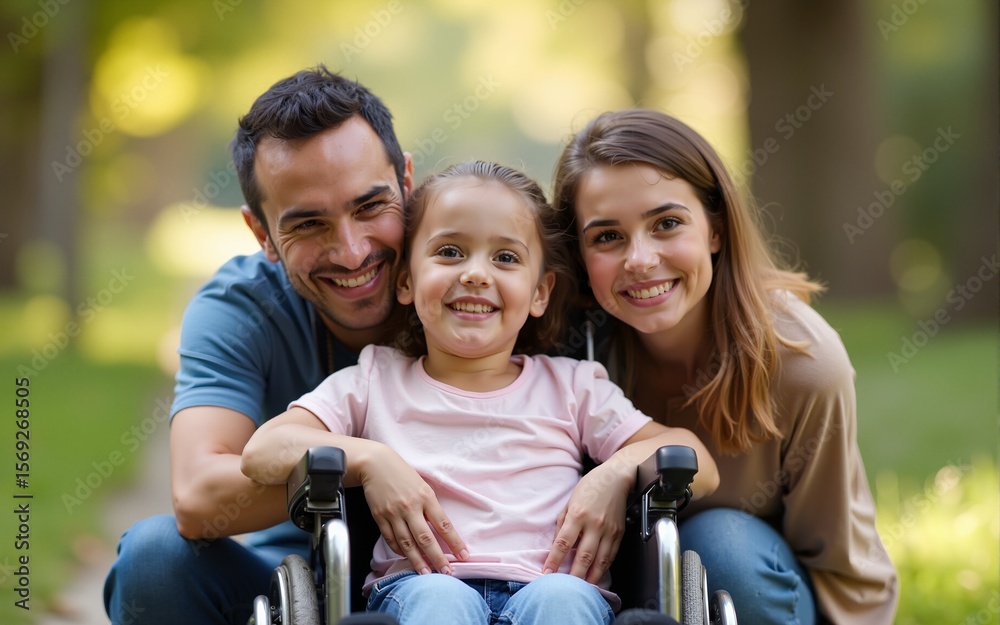 Familie mit Kind im Rollstuhl Foto